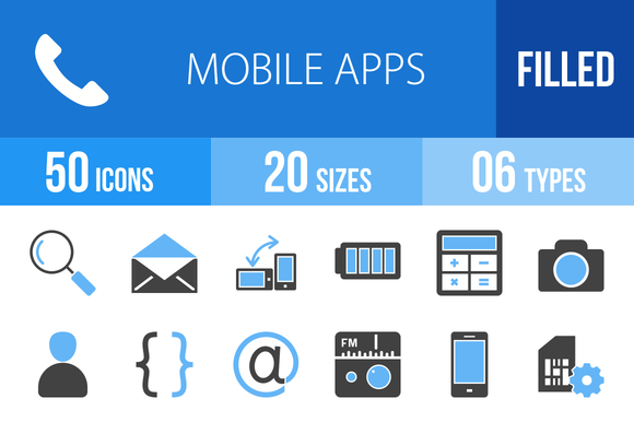 110 Mobile Apps Blue Black Icons