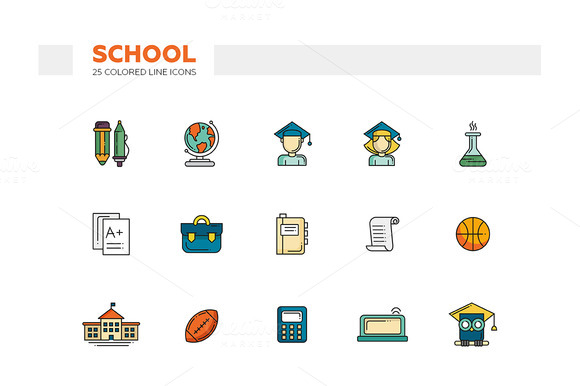 School 25 Colored Line Icons Set School 25 Colored Line Icons Set