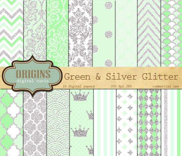 Green And Silver Glitter Paper Pack
