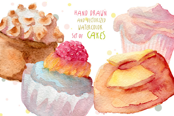 Watercolor Cupcakes Hand Drawn