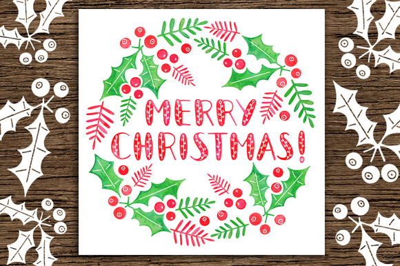 Watercolor Christmas Holly Wreath Watercolor Christmas Holly Wreath