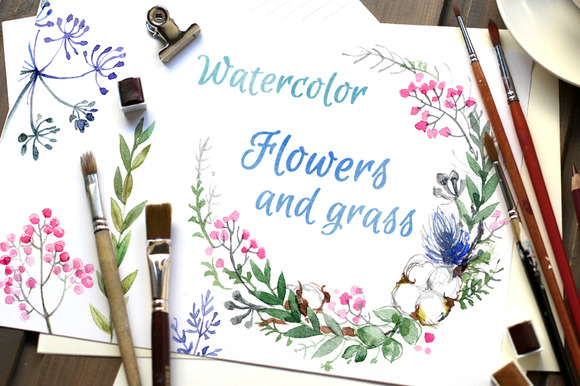 Flowers And Grass Watercolor Flowers And Grass Watercolor