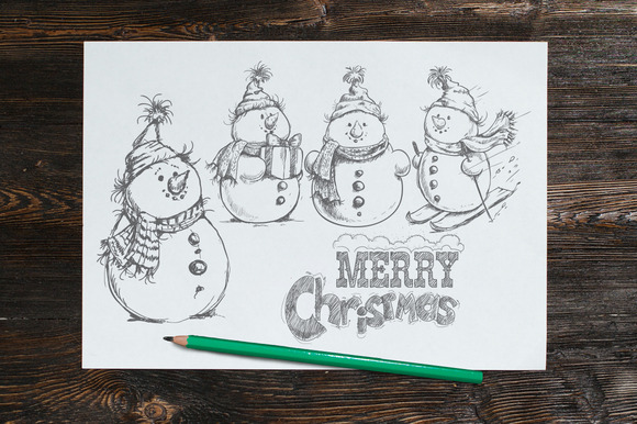 Hand Drawn Sketch Style Snowman Set Hand Drawn Sketch Style Snowman Set