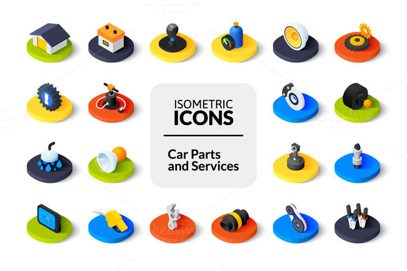 Isometric Icons Car Parts Service