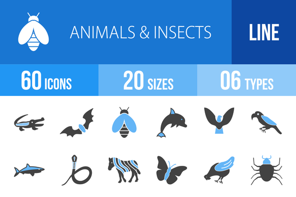 60 Animals Insects Blue Black Icons 60 Animals Insects Blue Black Icons