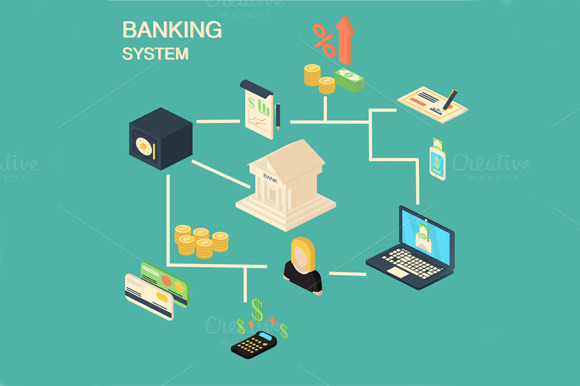 Bank Concept With Isometric Symbols Bank Concept With Isometric Symbols