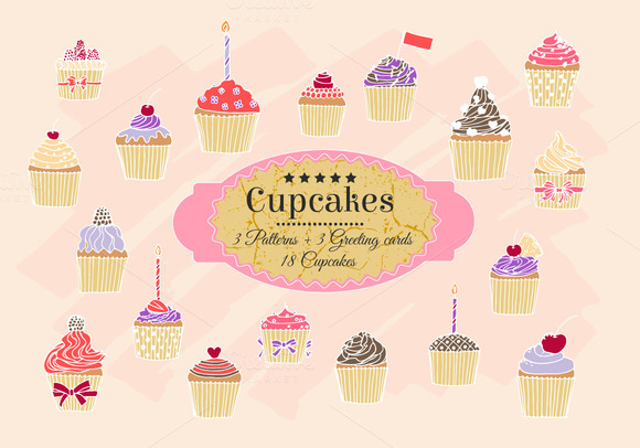Hand-drawn Cupcakes Patterns Cards Hand-drawn Cupcakes Patterns Cards