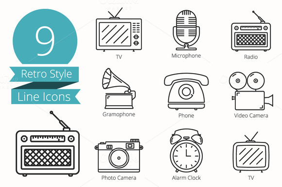 9 Retro Style Line Icons 9 Retro Style Line Icons