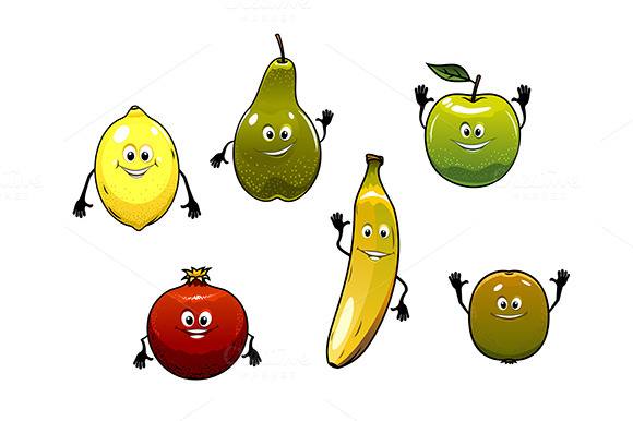 Set Of Happy Fresh Cartoon Fruits Set Of Happy Fresh Cartoon Fruits
