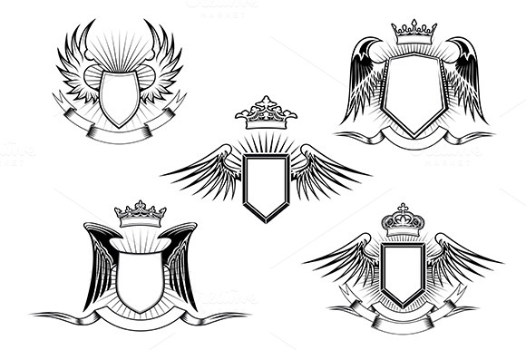 Set Of Heraldic Winged Shields Set Of Heraldic Winged Shields