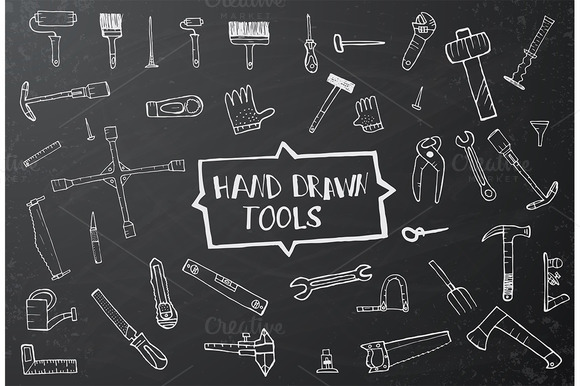 Hand Drawn Tool Icons Set On Black Hand Drawn Tool Icons Set On Black