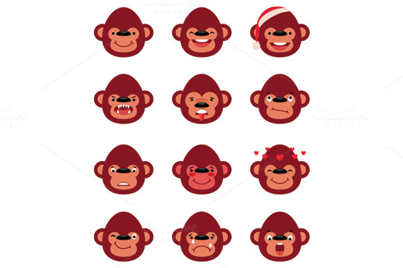 Set Smiley Monkey Isolated On White Set Smiley Monkey Isolated On White