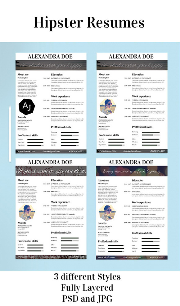 hipster resume in 3 variations