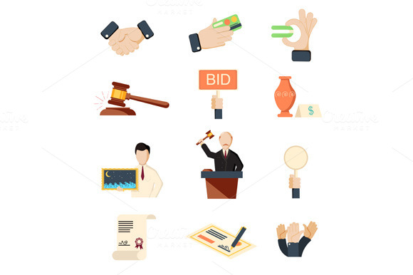 Auction Icons Set With Hammer Hands Auction Icons Set With Hammer Hands