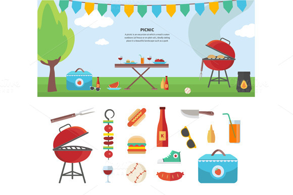 Banner And Icons Of Picnic Items