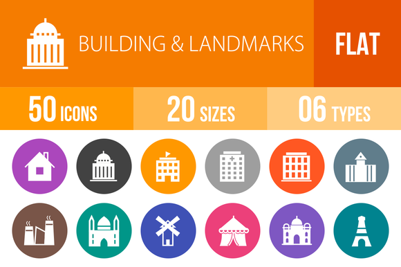 50 Buildings Landmarks Flat Round