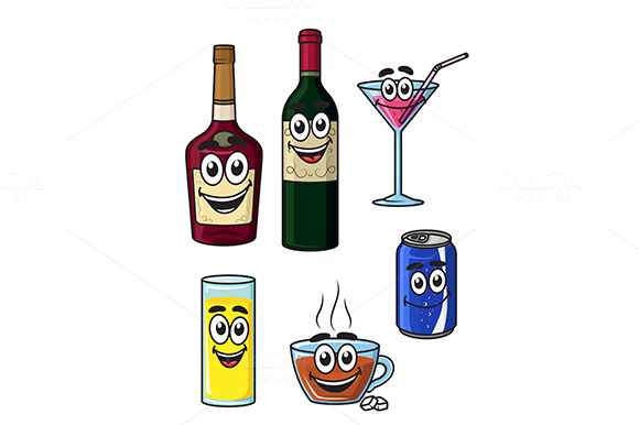 Happy Cartoon Beverage Characters Happy Cartoon Beverage Characters