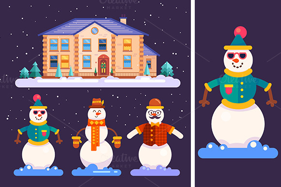 Set Of Snowmen And Cute House