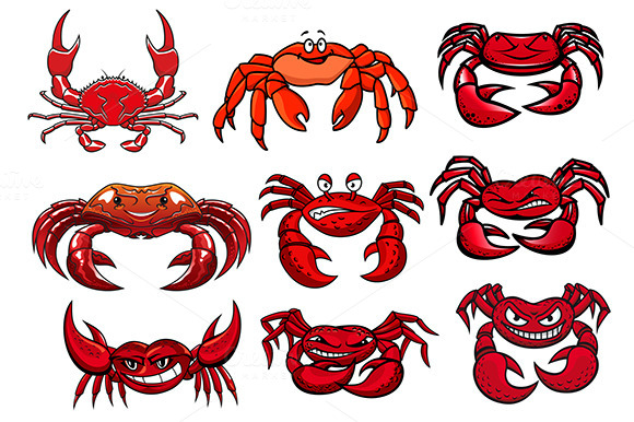 Red Cartoon Marine Crabs Set Red Cartoon Marine Crabs Set