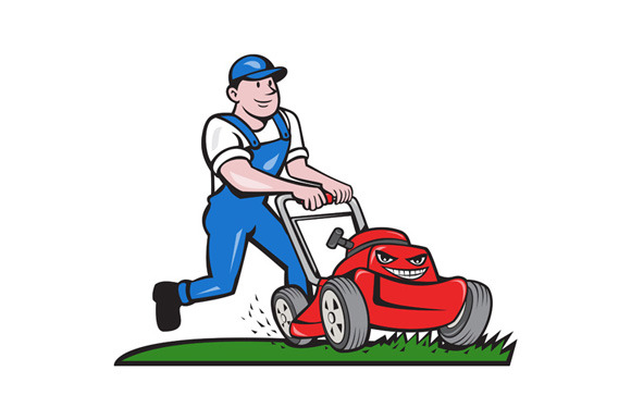 Gardener Mowing Lawn Mower Cartoon