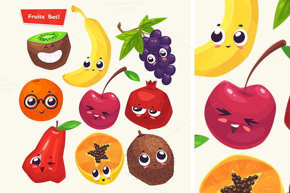 Set Of Funny Cute Fruits Set Of Funny Cute Fruits