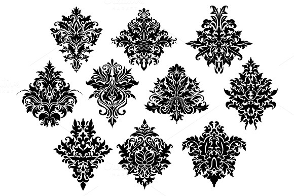 Black Ornate Flowers In Damask Style Black Ornate Flowers In Damask Style