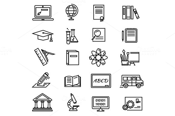 Lines Education Icons On White Lines Education Icons On White