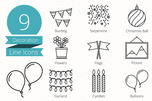 9 Decoraion Objects Line Icons