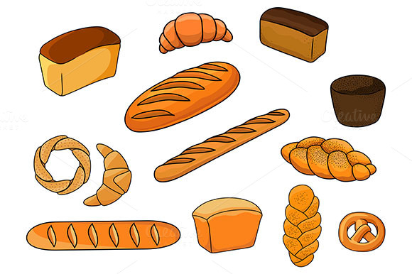 Breads And Pastry In Cartoon Style