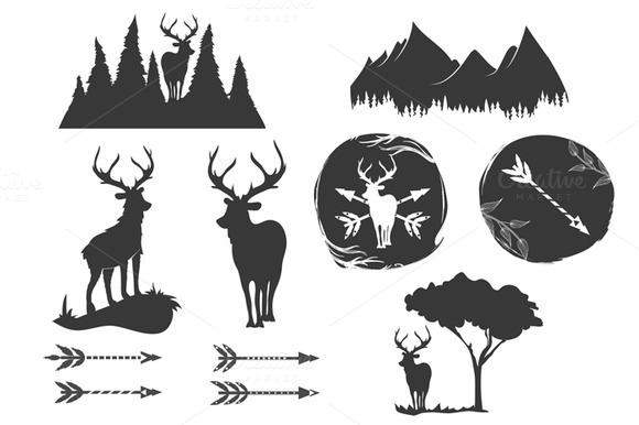 Monochrome Deer And Mountains Set Monochrome Deer And Mountains Set