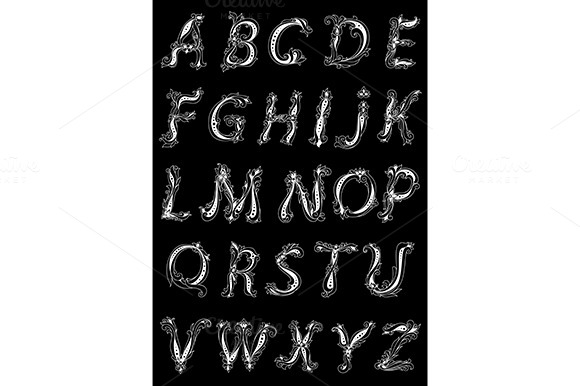 Floral Alphabet In Retro Outline Sty Floral Alphabet In Retro Outline Sty