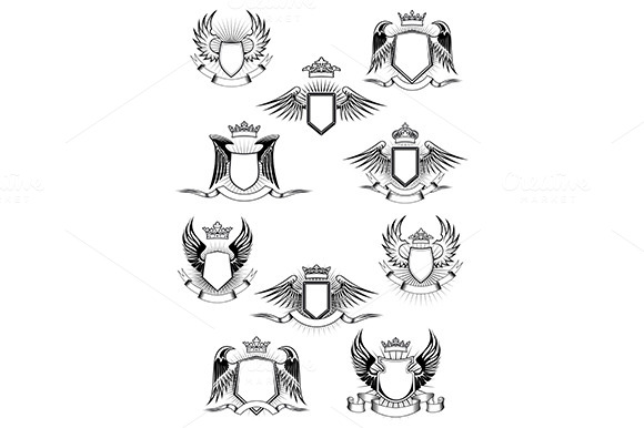 Heraldic Winged Shields With Crowns Heraldic Winged Shields With Crowns