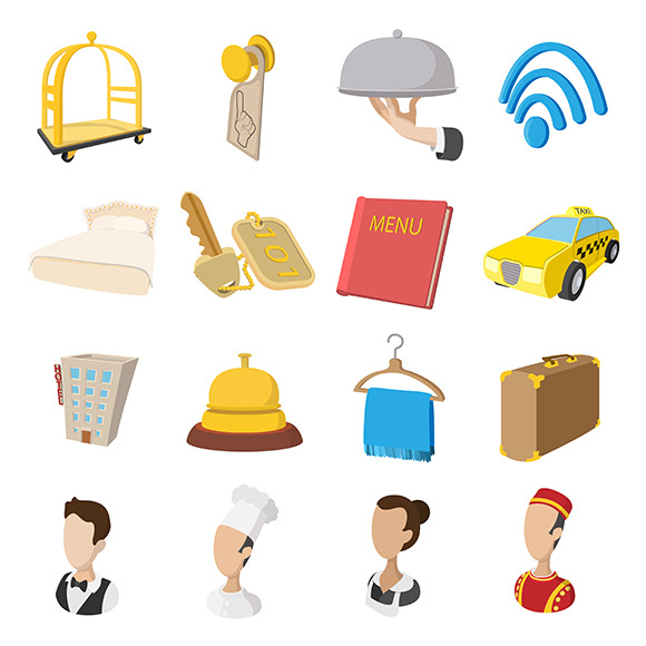 Hotel Cartoon Style Icons Set Hotel Cartoon Style Icons Set