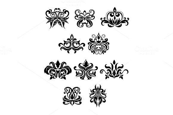 Damask Black Flowers Set With Buds Damask Black Flowers Set With Buds