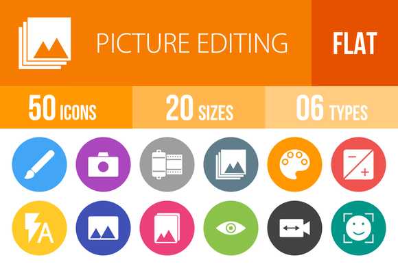 50 Picture Editing Flat Round Icons