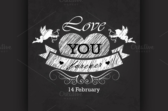 Valentines Day Emblem On Blackboard Valentines Day Emblem On Blackboard