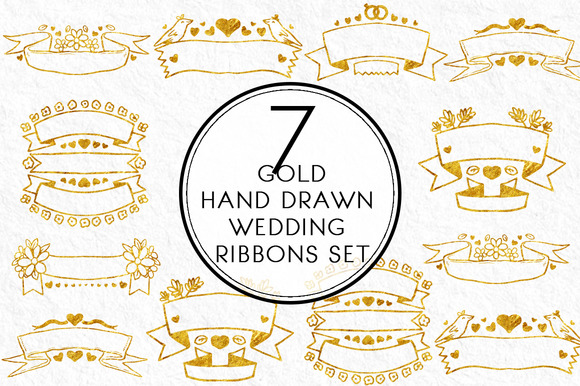 Gold Hand Drawn Wedding Ribbon Set