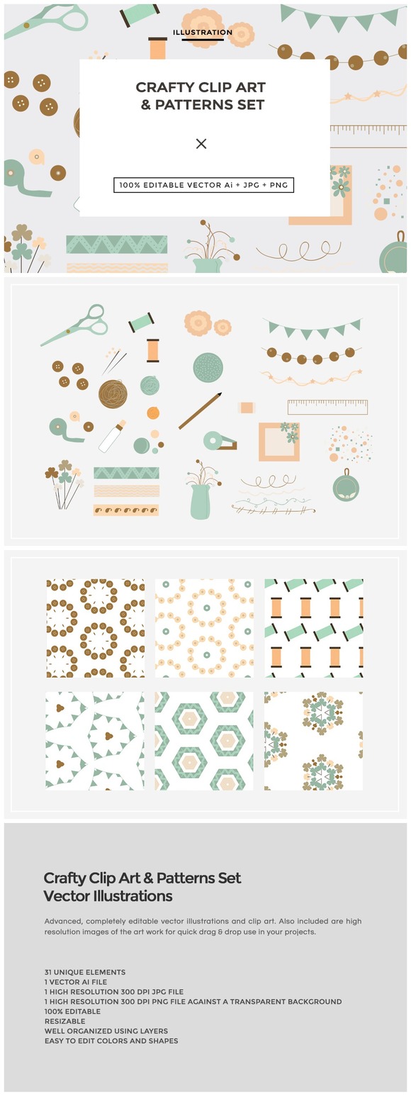 Crafty Clip Art & Patterns Set ~ Illustrations on Creative Market