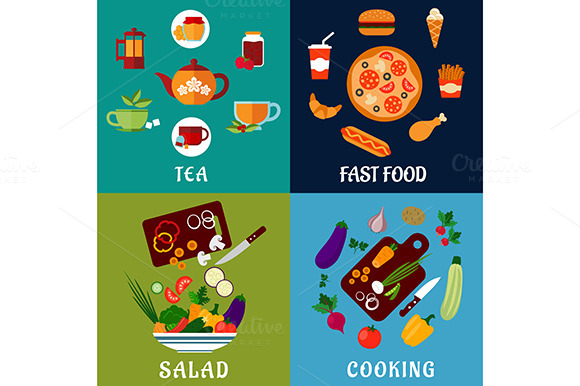 Healthy And Fast Food Flat Icons