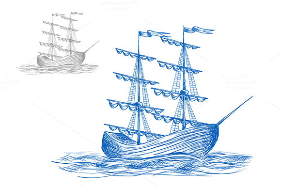 Medieval Sail Ship In Ocean Waves Medieval Sail Ship In Ocean Waves