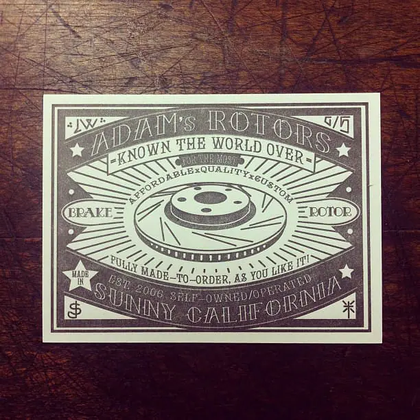Double sided business card for Adam's Rotors.