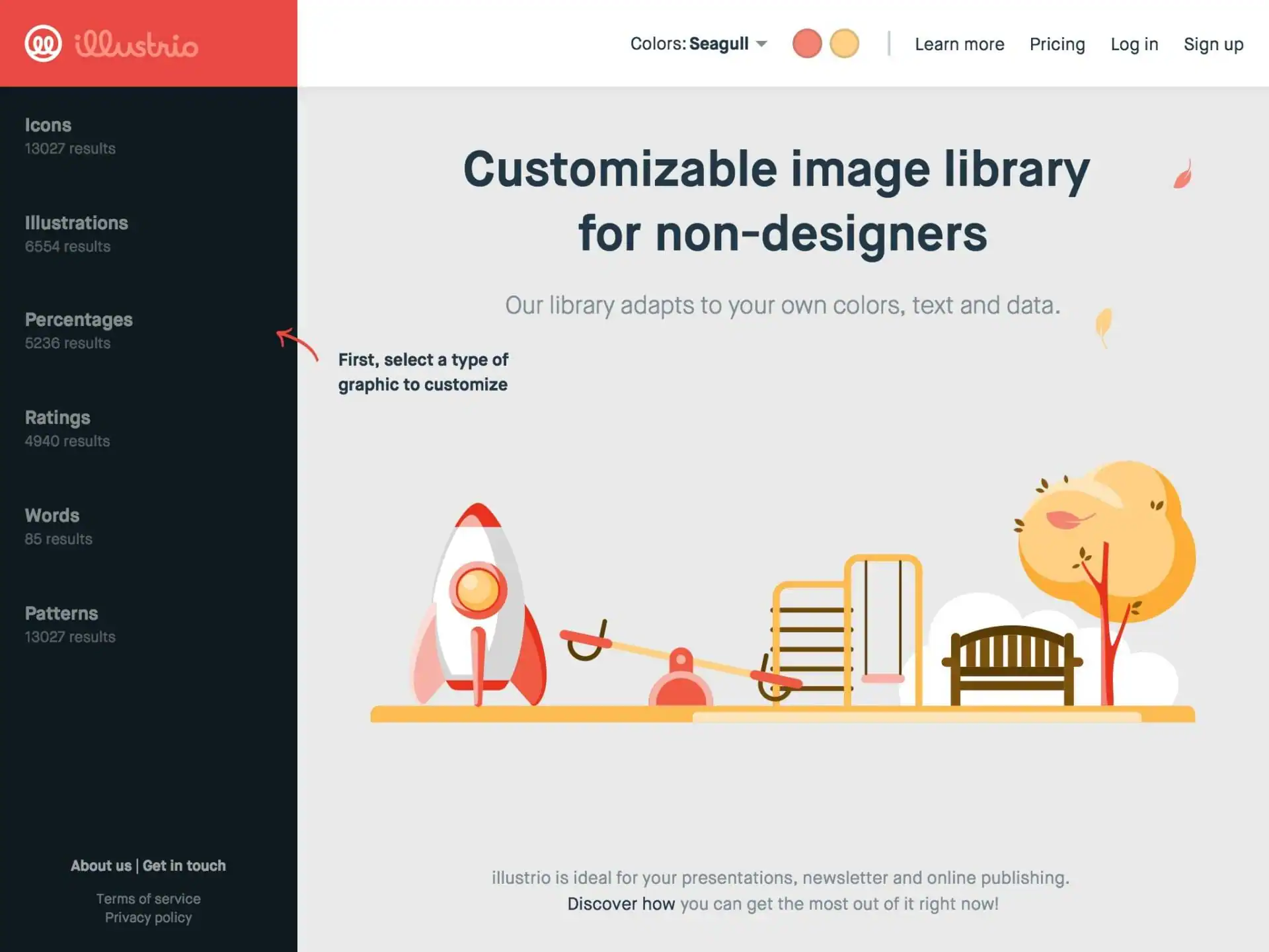illustrio offers an extensive library of images you can customize with your own colors, text and figures.
