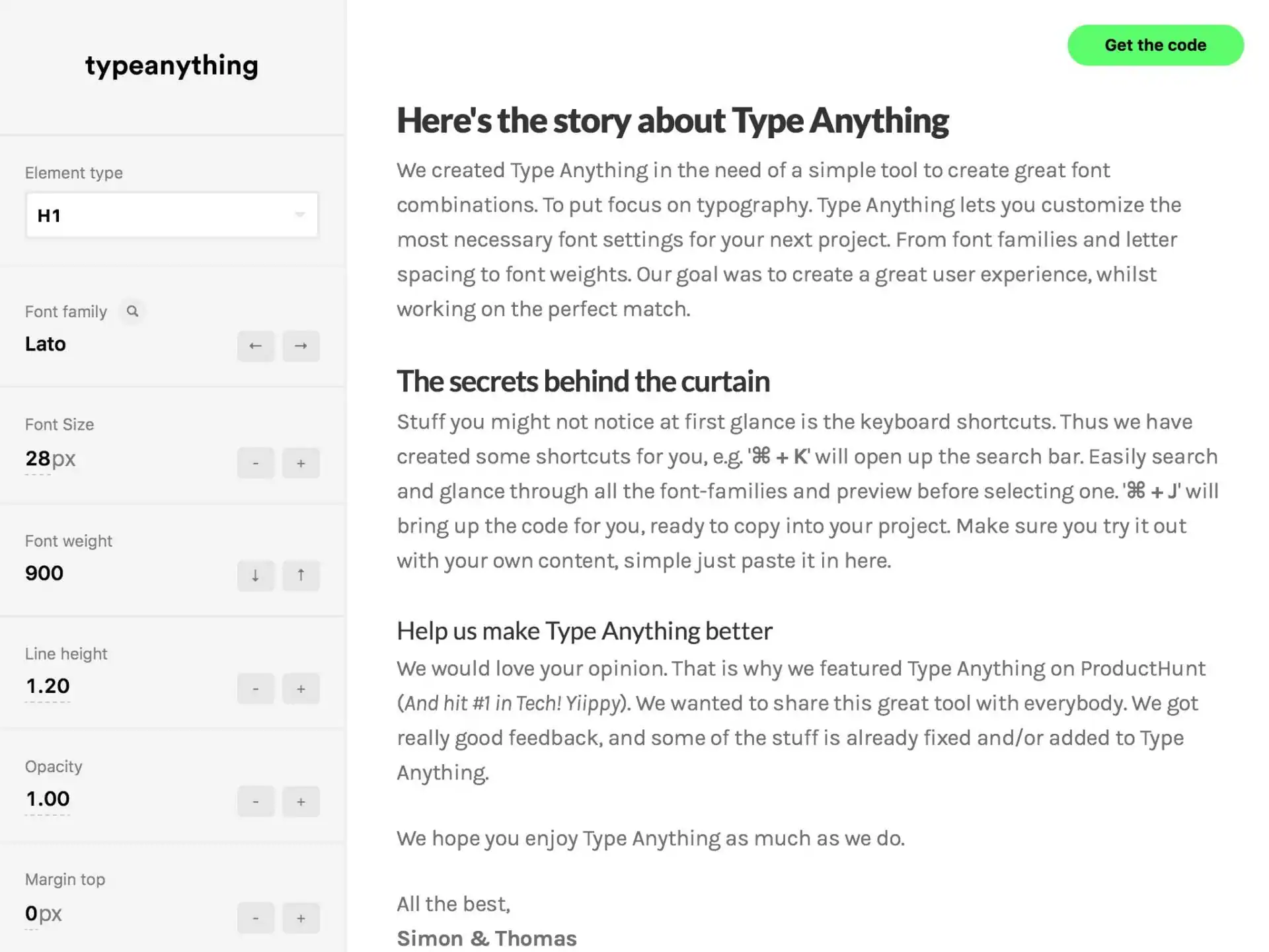 Type Anything is a free and awesome typography tool to create and test font combinations for your projects