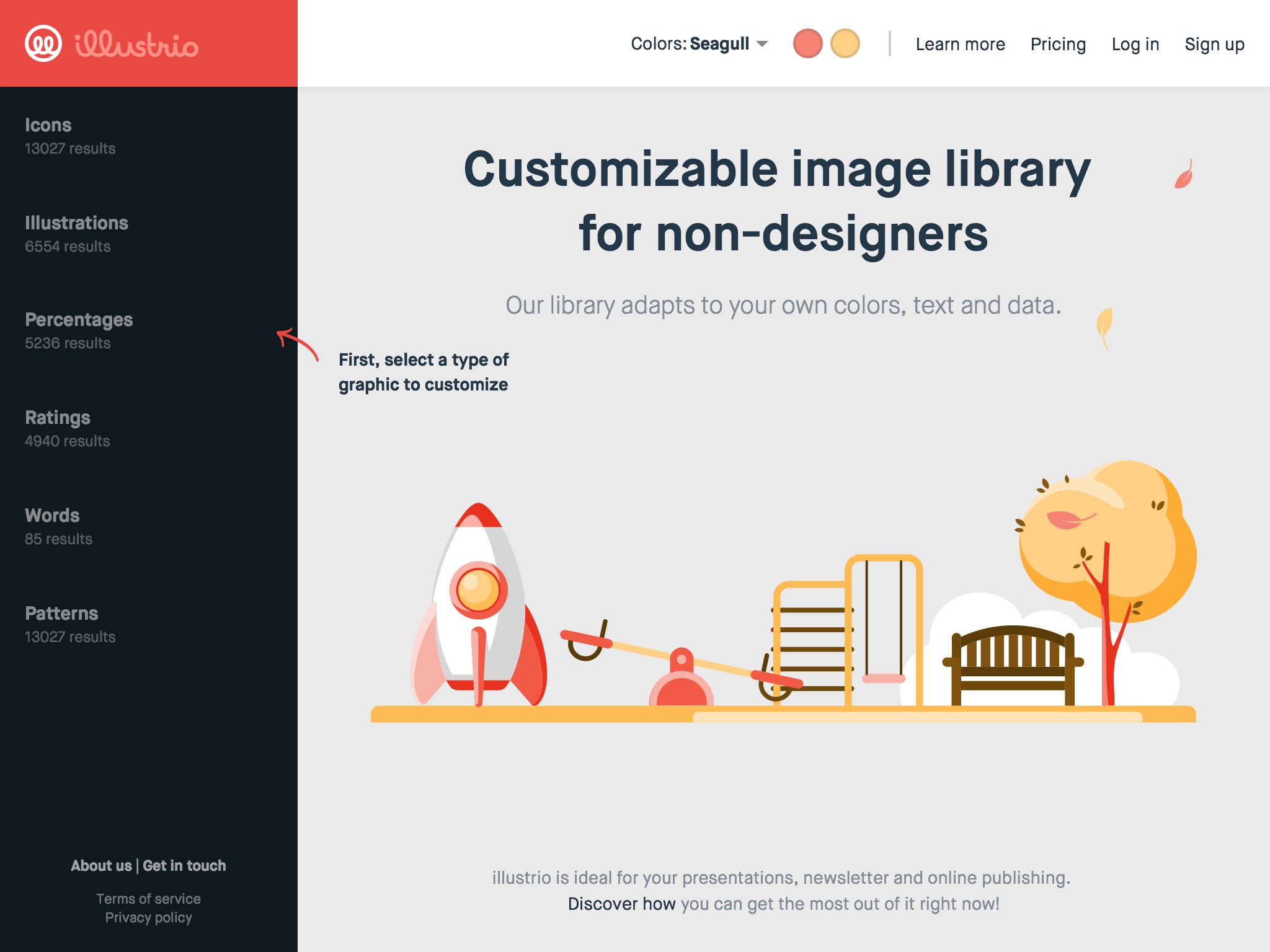 illustrio offers an extensive library of images you can customize with your own colors, text and figures.