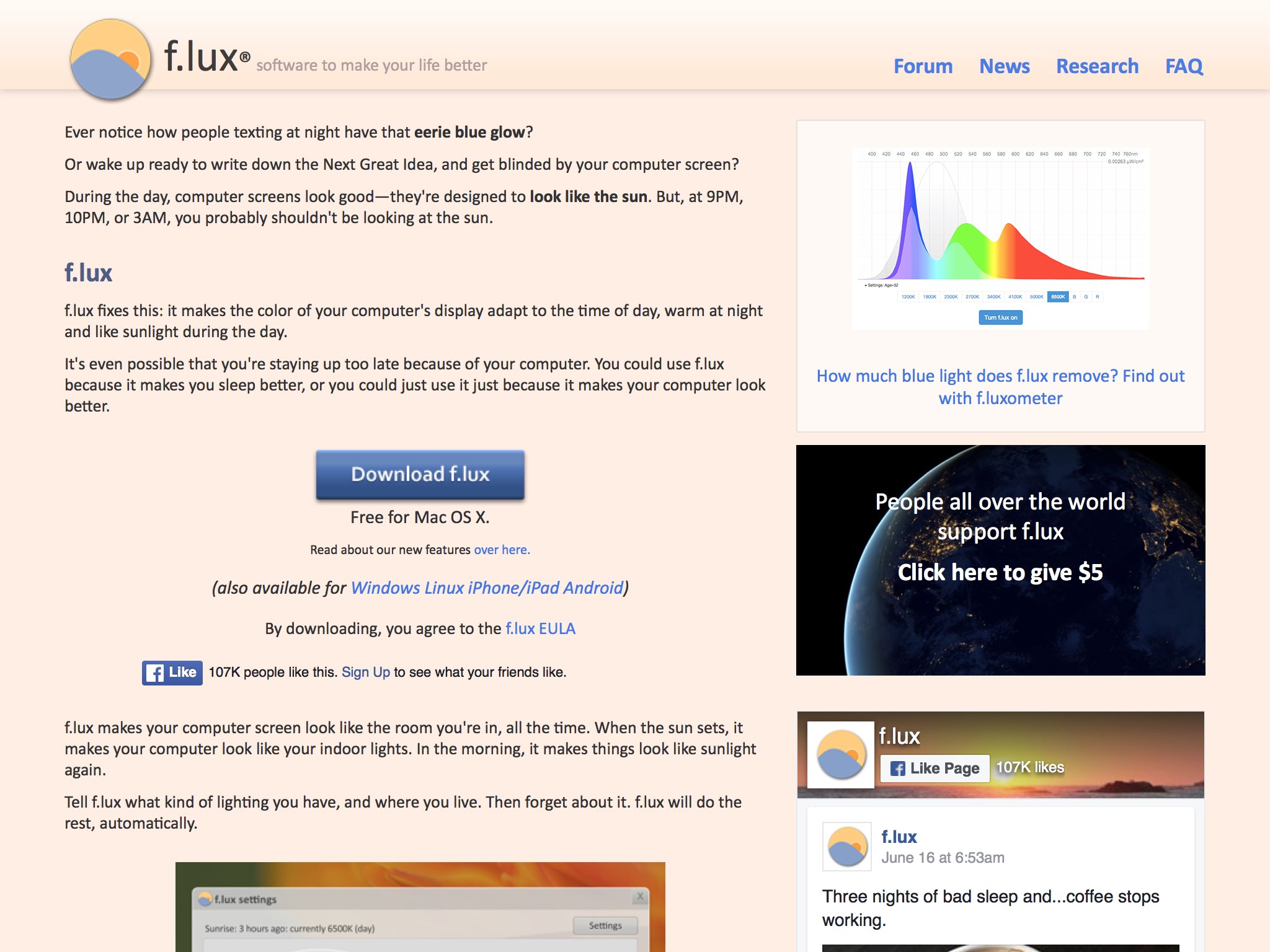 Is your computer keeping you up late? f.lux is free software that warms up your computer display at night, to match your indoor lighting.