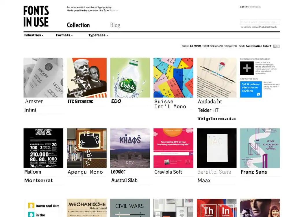A searchable archive of typographic design, indexed by typeface, format, and industry.