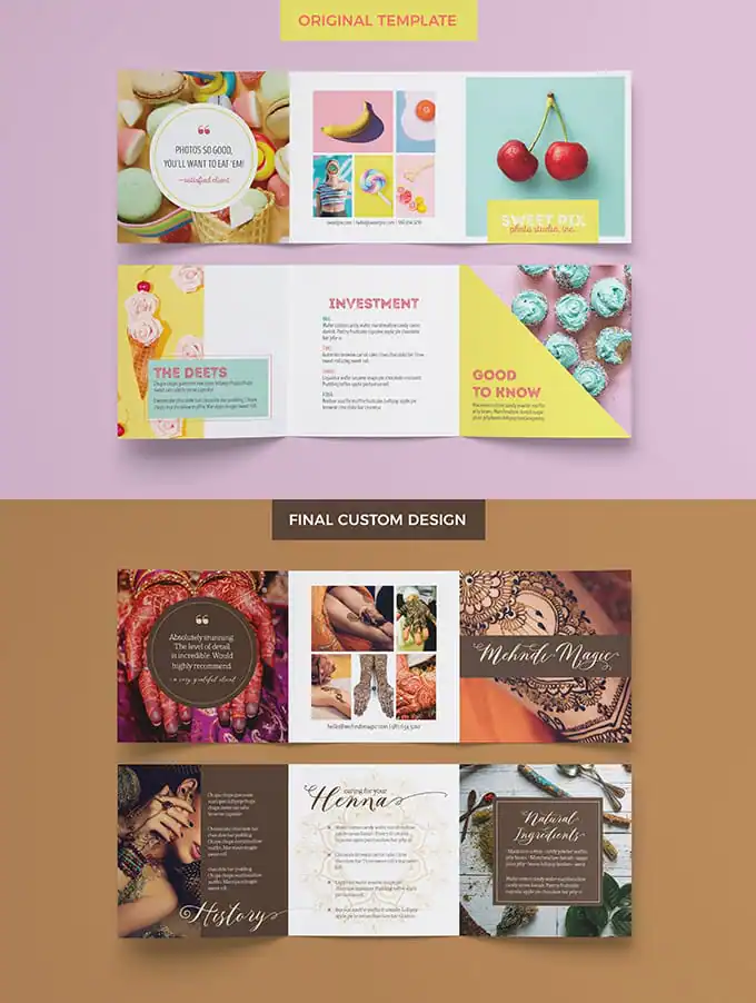 Before and after customizing a 5x5 trifold template in InDesign