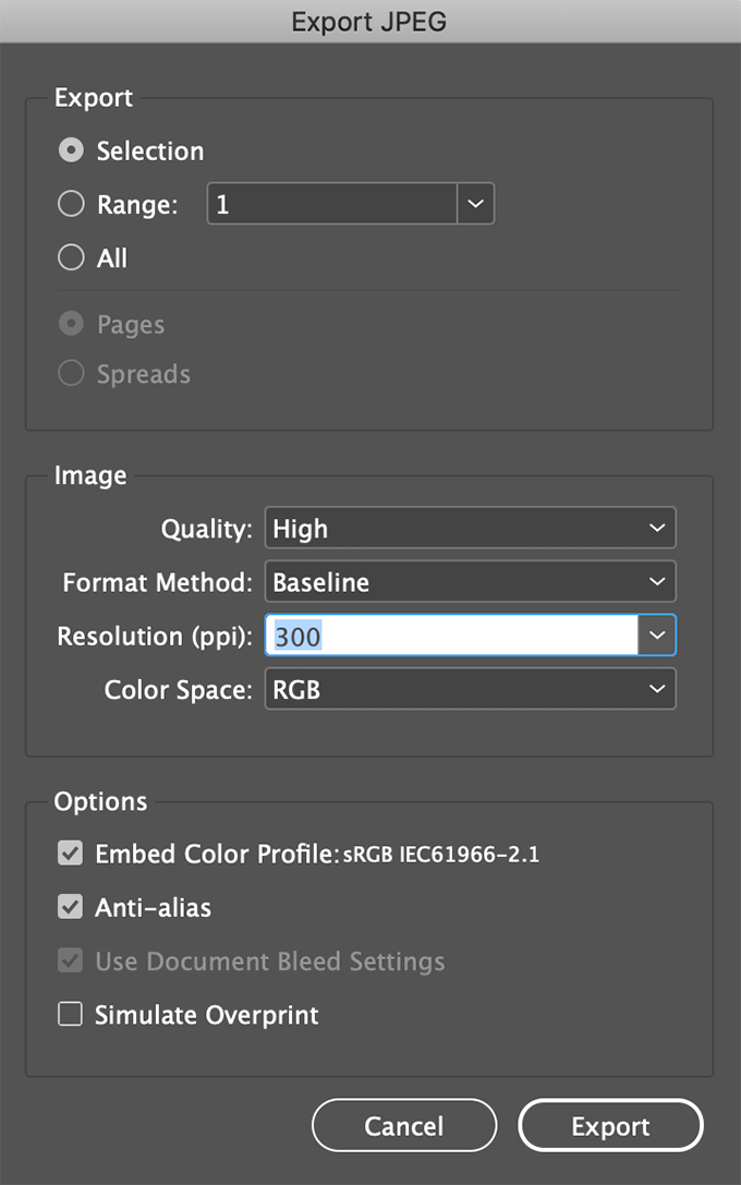 InDesign's Export to JPEG dialogue
